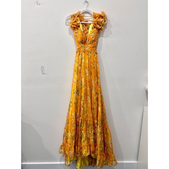 Mac Duggal Indy Ruffle Tiered Cut-Out Chiffon Floral A-Line Gown Yellow Womens 0 - Picture 2 of 4